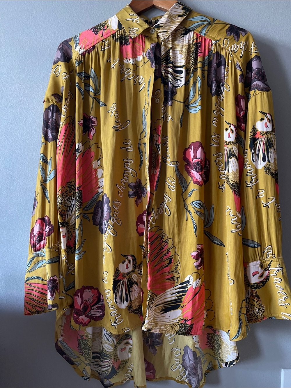Free People Mustard Floral Button-Up Blouse Tunic with Pink & Purple Accents